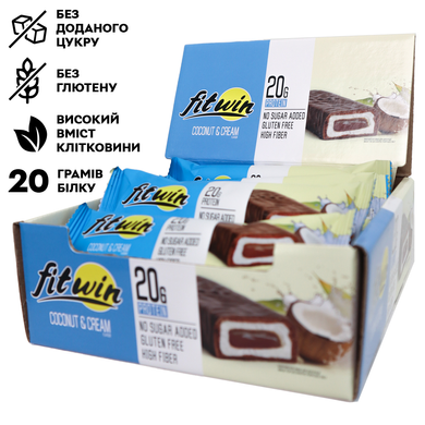 Протеїновий Батончик FitWin Coconut & Cream 33% з начинкою, без цукру, 60г